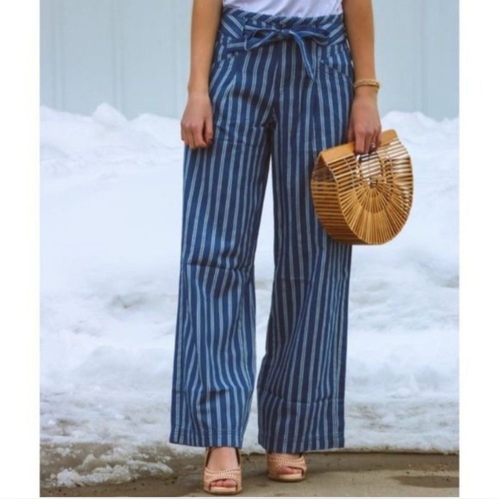 AMERICAN EAGLE Blue Striped Cotton Wide Leg Pants Size 4R High Waist Tie